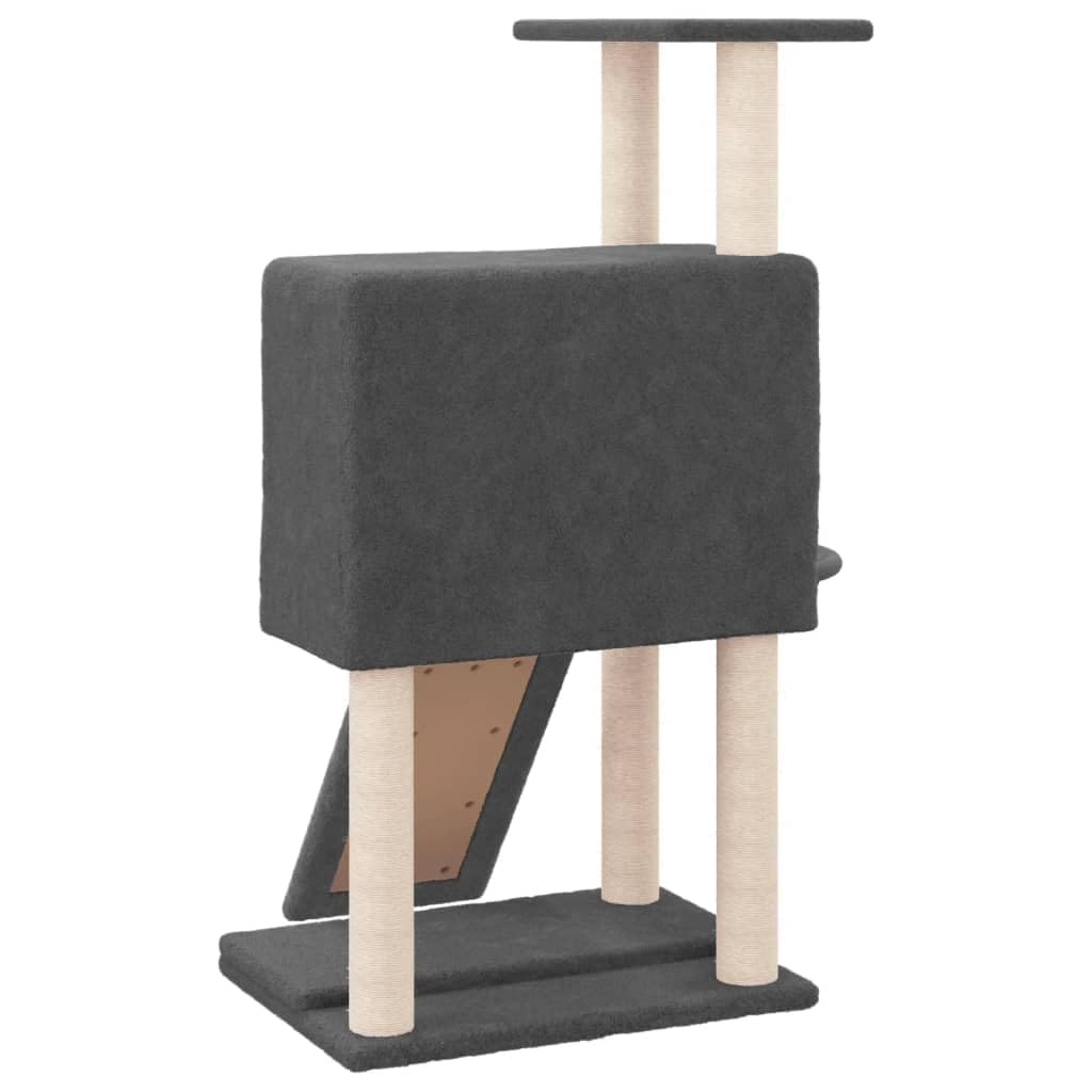 Tiragraffi per gatti con colonne in sisal, grigio scuro, 96 cm, albero da arrampicata con grotta, amaca, piattaforma e torre da gioco per interni, peluche e legno