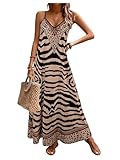 GORGLITTER Women's Leopard Print A Line Flowy Long Cami Dress V Neck Flared Loose Holiday Sundress Loose Fit Vacation Beach Dress Khaki S