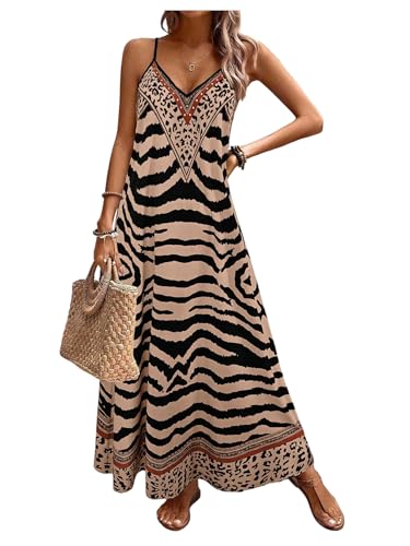 Image of GORGLITTER Women's Leopard Print A Line Flowy Long Cami Dress V Neck Flared Loose Holiday Sundress Loose Fit Vacation Beach Dress Khaki XL