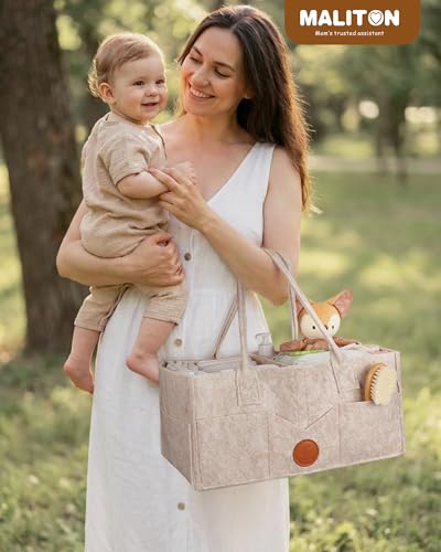 Image of Maliton Felt Diaper Caddy Organizer for Changing Table - Large, Khaki | 15x9x7 inch Portable Nursery Storage Bin and Car Organizer for Diapers, Wipes. Boy & Girl Shower Gift Basket, Baby Essentials