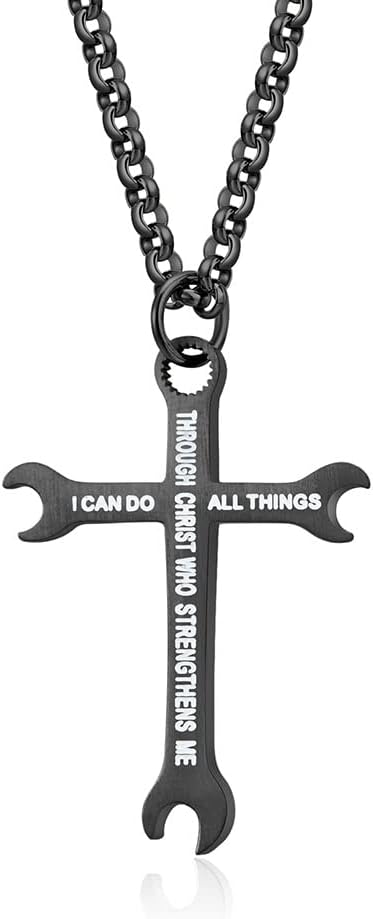 Men Wrench Cross Necklace,Stainless Steel Silver/Gold/Black I Can Do All Things Inspiring Bible Verse Pendant Necklace Christian Jewelry,60cm Rolo Chain