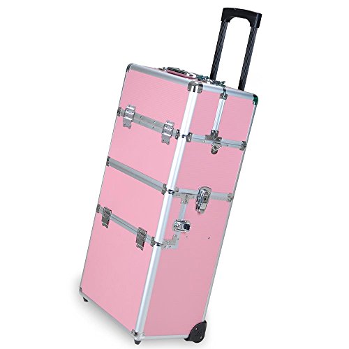 AW Pink Rolling 2in1 14x9x29" Aluminum Cosmetic Makeup Artist Train Case Hair Style 38" Lockable Box Travel