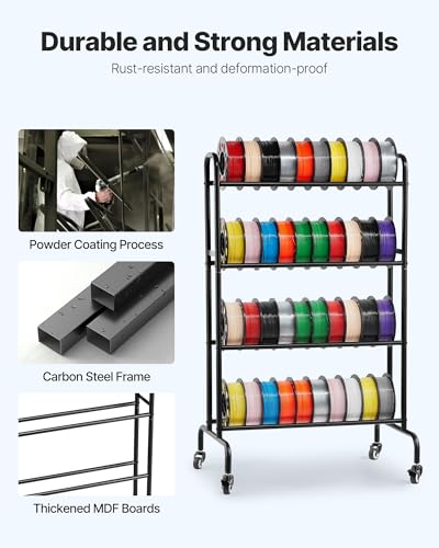 Image of VEVOR 3D Printer Filament Storage Rack, 4 Tier Heavy Duty Storage Shelf, Rolling Filament Spool Holders Racks with Wheels, Filaments Organzied for 3D Printing Station, Office, Workshop (Shelf Only)