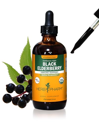 Herb Pharm Certified Organic Black Elderberry Liquid Extract Drops for Immune System Support Alcohol-Free Glycerite 4 Oz