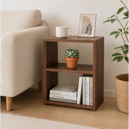 Image of ECOLINE Engineered Wood Bedside Table & Coffee Table for Living Room - 2-Tier Modern Side Organizer Shelf, Walnut Finish (40x25x50 cm)