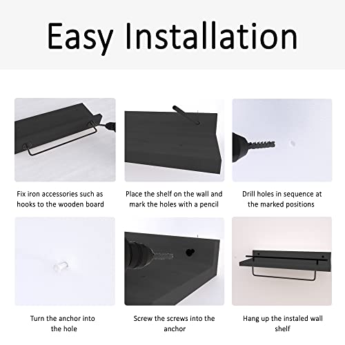 Pine Floating Shelves With Hooks, Black Farmhouse Bathroom Floating Shelves Over Toilet, Set Of 2 Wood Wall Shelves With Removable Towel Bar, Hanging Shelves For Kitchen Living Room Bedroom, 16'' Long #TOP6