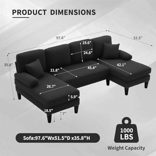 Image of 98 inch Sectional Couches for Living Room, U Shaped Couch with 18 inch Seat Height, 4 Seater Couch Set with Double Chaise for Apartment, Living Room Sofas, Corduroy, Black