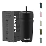 COKTIK 20oz Insulated Tumbler with Lid and Straw Iced Coffee Cup Reusable Stainless Steel Travel Mug Water Bottle Cupholder Friendly for Women Men Her Him (Black)