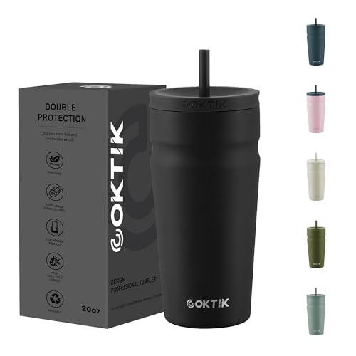 COKTIK 20oz Insulated Tumbler with Lid and Straw Iced Coffee Cup Reusable Stainless Steel Travel Mug Water Bottle Cupholder Friendly for Women Men Her Him (Black)