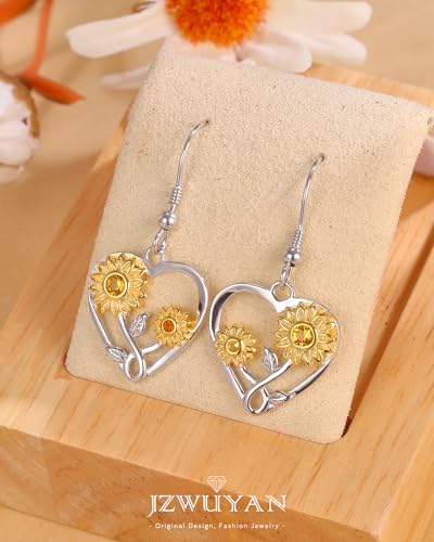 Silver Sunflower Heart Earrings for Women - 925 Sterling Silver Opal Sunflowers/Daisy Heart Dangle Hoop Earring, Valentines Mothers Day Christmas Gifts Jewelry for Her3