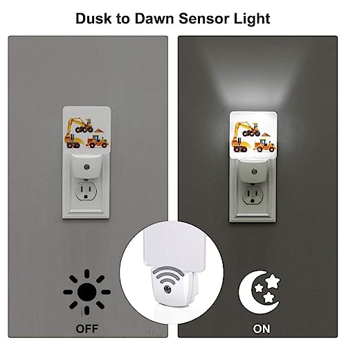 Image of Machinery Excavator Truck and Loader LED Plug-in Night Lamp 2 Piece Set, Auto Sensor Cartoon Boy's Toy Nightlights Set of 2 for Bedroom Bathroom