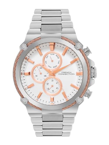 Image of French Connection Astro Multifunction White Round Dial Stainless Steel Strap | Casual | Premium | See Through Feature | Sunray Feature Wrist Watch for Men - FCH18SM