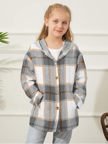 Image of Girls Cute Flannel Plaid Button Down Top with Pockets Long Sleeve Hooded Jacket