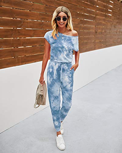 Image of PRETTYGARDEN Jumpsuits for Women Summer Off Shoulder Romper | Short Sleeve Drawstring Waist, Jogger Jumpers with Pockets, One Piece Spring Break Outfits, Vacation Travel Lounge Clothes