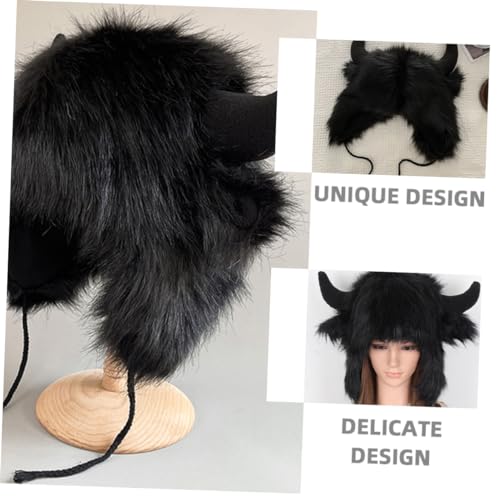 Funny Cow Head Plush Hat Warm Ox Horn Winter Cosplay Hat for Men Women Black2