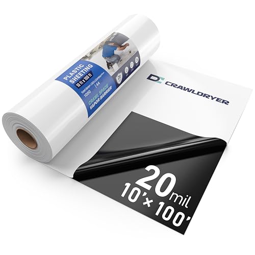 Crawl Space Vapor Barrier - 20 Mil Vapor Barrier - (10' x 100') - Tear Resistant, Heavy Duty Vapor Barrier, Drop Cloth Moisture Barrier Thick Plastic Sheeting Covering for Crawlspace Encapsulation
