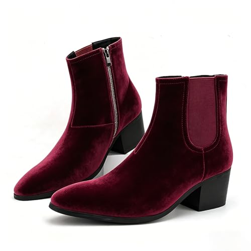 Image of Men'S Classic Leather Chunky Heel Chelsea Boots With Side Zipper Fashion Pointed Toe Elastic Band High Top Block High Heel Formal Chukka Booties For Casual Business Party Wedding