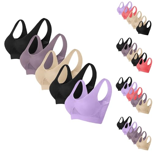 5PC Plus Size Sports Bra for Women Liftup Air Bra Ultra-Thin Full Cup Yoga Bra Solid New Seamless Crop Tops Vest Comfort Stretch Mesh Bras Ladies Large Breasts Activewear Bras UK Size 8-24 Clearance