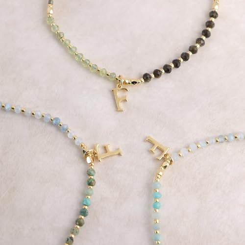 Gold Beaded Natural Stone Initial Bracelets for Women, Boho Handmade Dark Green Personalized Turquoise Gemstone Beads Letter Name Adjustable Bracelet Bohemian Jewelry Gift - Image 6