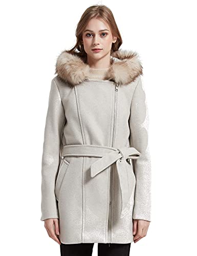 Bellivera Women's Faux Woolen Fleece Trench Coat Belted, The Overcoat Hooded With Detachable Fur Collar 07Cl Beige M #TOP2
