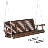 VINGLI XL Size Patio Wooden Porch Swing Outdoor with Cup Holders & Phone Slots, Heavy Duty 880 LBS Hanging Swing Chair Bench with Hanging Chains for Yard, Lawn, Garden (5 FT Pro, Rustic)