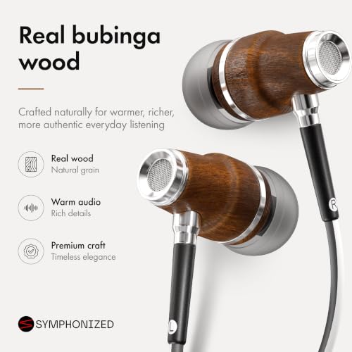 Symphonized Premium Wooden 3.5mm Jack Wired Earbuds with Microphone & Volume Control, Plug in Ear Headphones Wired Earphones with Mic, Corded Ear Buds Wire for Computer, Laptop & Phone with Aux Cord