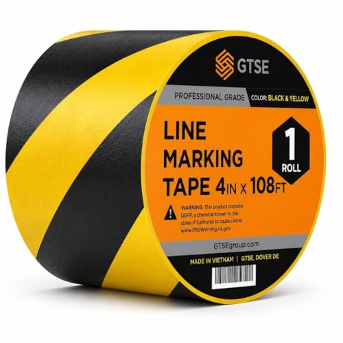 GTSE 4 inch x 108 ft Black &amp; Yellow PVC Vinyl Floor Tape, Safety Marking Tape, 6 mil Thick, Suitable for Dance Floors, Gyms, Warehouses, Sports Facilities