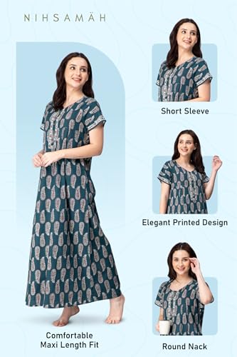 Image of NIHSAMAH Cotton Nighty for Women with Pocket, Premium Printed Long Nighty | Comfortable & Fancy Sleepwear /Nightwear