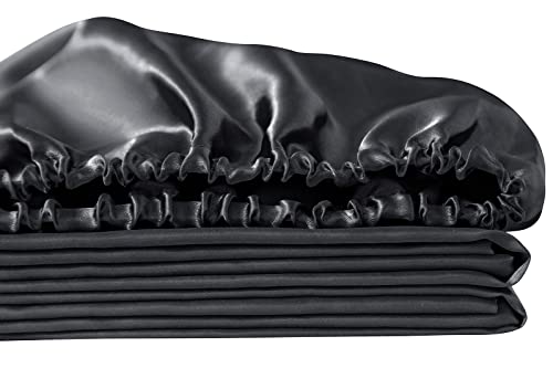 Image of Ersmak Satin Fitted Sheet Only, Luxury Silky King Fitted Sheet Ultra Soft Deep Pocket Bottom Sheet, Wrinkle & Fade Resistant - Black