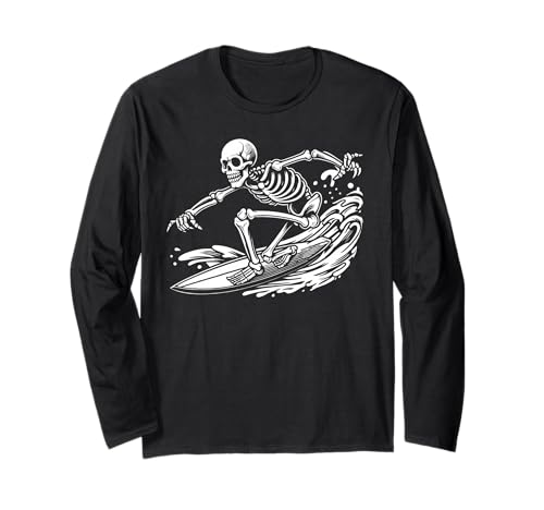 Squelette Surfer Great Wave Surf Funny Halloween Manche Longue
