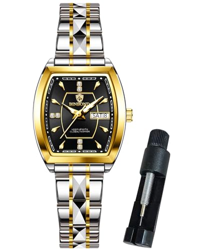 Image of BINBOND Square Watches for Women Analog Quartz Day Date Ladies Wrist Watch Diamond Stylish Stainless Steel Dress Womens Watch Elegant Luminous Waterproof