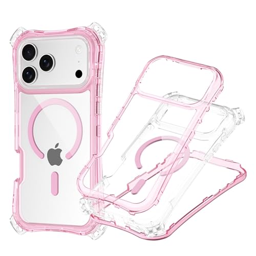 Coque transparente rose pour iPhone 15 avec technologie magnétique et cordon amovible