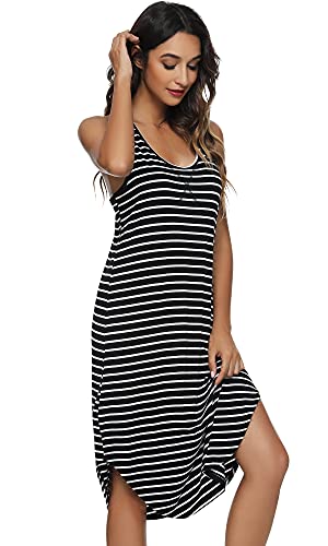 Wiwi Soft Bamboo Nightgowns For Women Sleeveless Racerback Pajamas Chemise Nightgown Plus Size Sleepshirts S-4X, Black White Stripe, 4X #TOP2