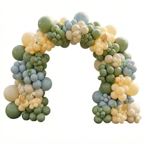 Image of 184Pcs Classic Cartoon Balloon Garland Arch Kit - Classic Bear Theme Party Decorations with Blue Yellow Sage Green Sand White Balloons for Baby Shower Girl Boy Birthday Party Decorations