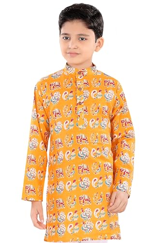 Image of TinySteps Boys Cotton Kurta Pajama | Traditional Ethnic Wear Pure Cotton Printed Kurta With Elastic Waist White Pajama