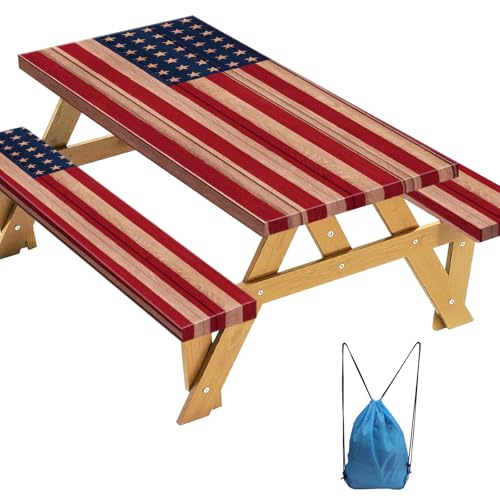 NGOKPYD 6FT American Flag Picnic Table Cover with Bench Covers, 4th of July Waterproof Windproof Fitted Tablecloth with Elastic and Storage Bag,Camping Table Cover for RV Picnic,72x30 Inch 3PCS