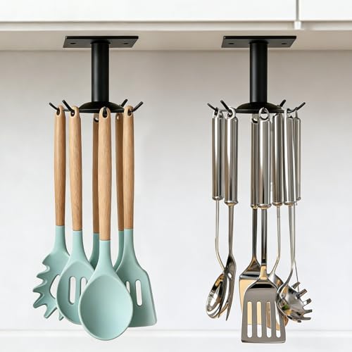 AIMEIKI Utensil Hooks, 2 Pack Metal Steel Kitchen Utensil Hangers Rack 360° Rotating Under Cabinet Utensil Hooks Top Mounted with 6 Rotatable Claws for Cabinet Kitchen Bathroom