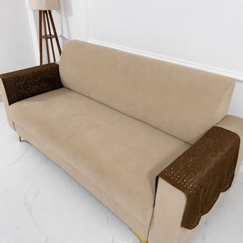 Image of Homerz Premium 'Surya Series' Sofa Cover | Stylish Sofa Protector | Net Fabric | Anti-Stain & Washable Slip Cover Exact Size Antislip (Flower Valley Brown, 2 Pc Armrest, Armrest)