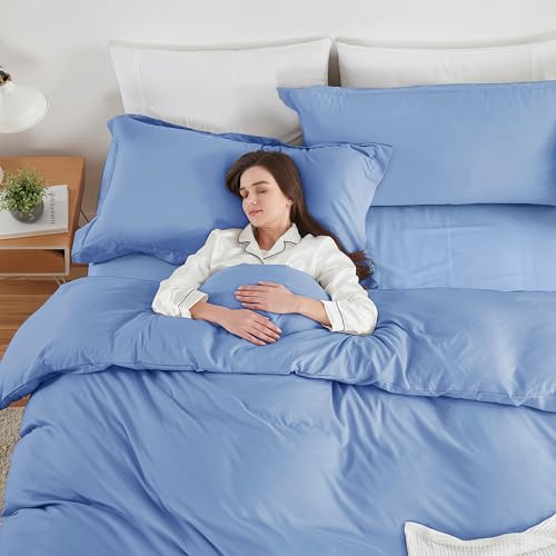Image of Hearth & Harbor Calm Blue Duvet Cover with Fitted Sheet Full Size | 4 Piece Soft Double Brushed Bedding Set, Button Closure, 1 Duvet Cover 80x90 Inches, 1 Fitted Sheet, 2 Pillow Shams