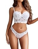 Avidlove Lace Lingerie Set for Women 2 Piece Bra and Panty Sets V Neck Corset Tops Nightwear (White, Medium)