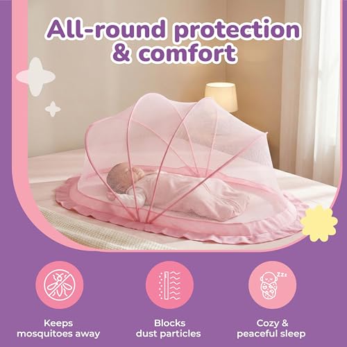 Image of Lifelong Cuppy Baby Mosquito Net for Kids 0-2 Years | Foldable & Bottomless with Soft Breathable Mesh | Lightweight & Portable | Safe & Sturdy Umbrella Net 90x60x45 cm (Pink,LLCMNK03)