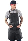 Under NY Sky Cross-Back Panther Black Apron – Coated Twill with Leather Reinforcement and Split-Leg