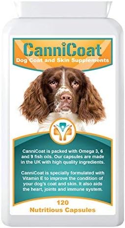 CANNICOAT DOG COAT & SKIN SUPPLEMENTS 120 Capsules : VITAMIN E and OMEGA 3, 6 and 9 to improve your dog's coat and skin, ease allergies, help stop itching : Aids HEART, JOINTS and IMMUNE SYSTEM