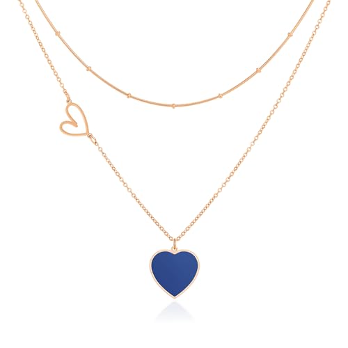 Linawe Collana a Strati da Donna, Collana con Ciondolo a Cuore in Acciaio Inossidabile e Oro Rosa, Set di Catene