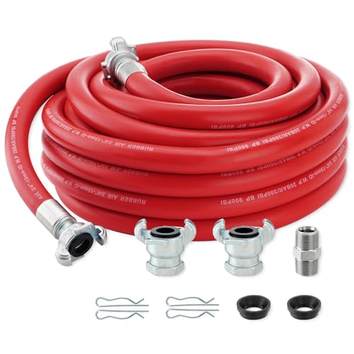 Venussar 3/4 Inch x 50 FT Red Jackhammer Air Hose with Male NPT Nipple and Female NPT Air Hose Fitting, 3/4 Inch Rubber Pneumatic Hose Assembly for Jack Hammers, Air Tools