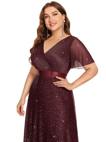 Image of Ever-Pretty Plus Women's Glitter Formal Dress Evening Gown for Gala V-Neck Short Sleeve Floor Length Plus Size Prom Dresses