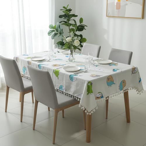 Image of LORETO - A QUALITY LINEN BRAND 100% Pure Cotton Rectangular Table Cover with Tassels (48x72 Inch) - Tablecloth for 6 Seater Dining Table, Multicolor Birds on Soft Beige