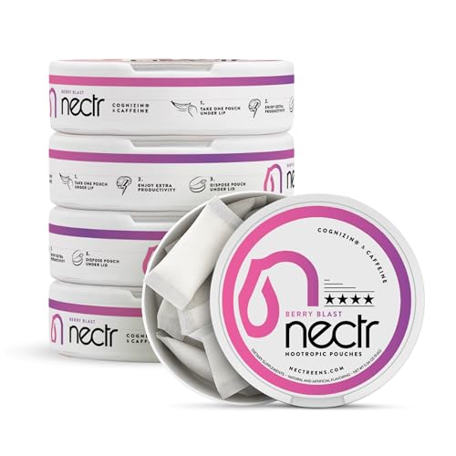 Nectr Energy Nootropic Pouches Berry Blast Flavored Caffeine Pouches with Cognizin Citicoline. Sugar-Free Brain Treats. Smooth Sustained Focus & Energy Supplement - 5 Pucks of 16pcs