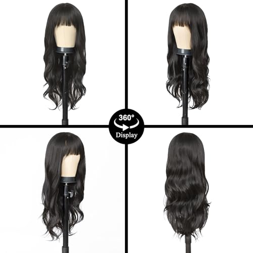 AISI QUEENS Black Wig for White Women,Synthetic Wig Black Wig with Bangs 26 Inch Long Natural Looking Wavy Wig for Cosply Daily Party Use