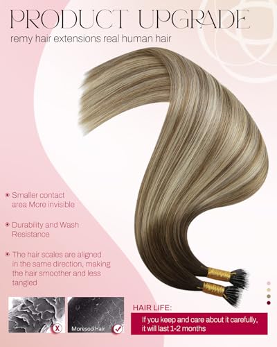 Image of Moresoo Nano Bead Hair Extensions, Brown Bleach Blonde Balayage, 16 Inch | 50g 50 strands, flexible bead placement, natural movement for everyday styling and added density